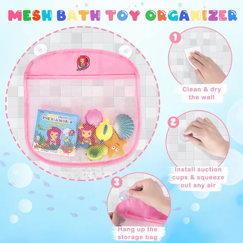 Vista 4 de Juguetes de baño iluminados para niños pequeños, niñas y bebés, juguetes de baño brillantes sin agujeros con libro de baño y organizador, juguetes