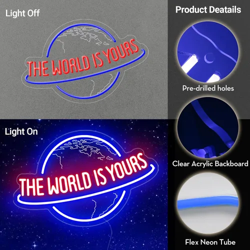 Vista 8 de Letrero de neón The World Is Yours, regulador remoto, planeta, lámpara de luz de neón LED para decoración de pared, alimentación USB para hombre