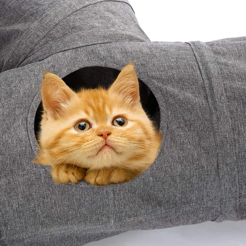 Vista 4 de Ownpets Túnel para gatos, túnel plegable de 3 vías, tubo para gatos de 47 pulgadas de largo con bola de felpa y juguete de plumas, túnel de juego