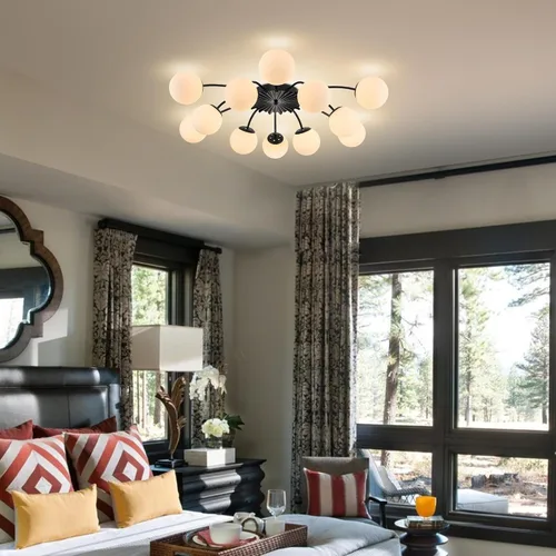 Vista 3 de Lámpara de araña Sputnik de 12 luces, color negro con burbujas de vidrio de leche Luces de techo semi empotradas, acento de flor, Art Deco