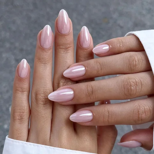 Vista 31 de Uñas cortas a presión de almendra, uñas con purpurina rosa degradado 3H-rosa con purpurina