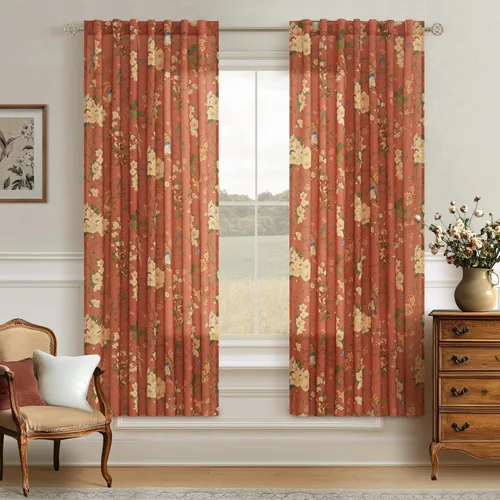 Vista 27 de Cortinas de lino de pájaro floral azul 2 paneles de 72 pulgadas de largo Aqua Blue