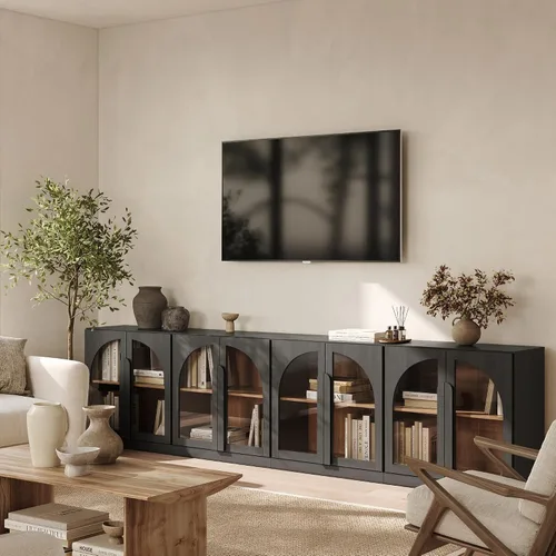 Vista 59 de BELLEZE Centro de entretenimiento modular de 4 piezas con almacenamiento, 2 vitrinas de madera moderna con gabinete arqueado y 2 armarios de puerta