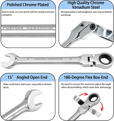 Vista 3 de Llave de trinquete de cabeza flexible de 0.315 in, llave combinada de acero al cromo vanadio de 12 puntos con engranaje de trinquete de 72 dientes