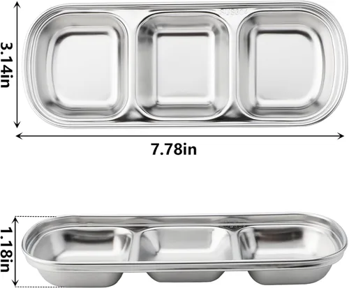 Vista 9 de 6 cuencos de acero inoxidable para salsa de soja, 3 rejillas, platos de salsa divididos, guarniciones para salsa de soja, salsa de tomate