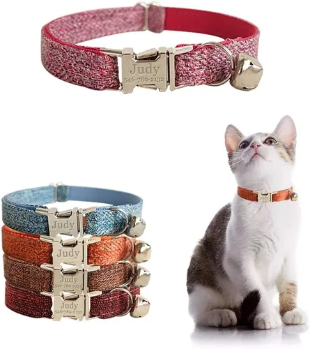 Vista 13 de Collar de gato personalizado con placa de nombre, collares ajustables de nailon resistente para identificación de gato con campana, personaliza