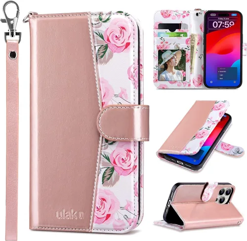 Vista 21 de ULAK Funda tipo cartera compatible con iPhone 15 Pro con tarjetero y diseño de flores, para mujeres y niñas, piel sintética, con función atril