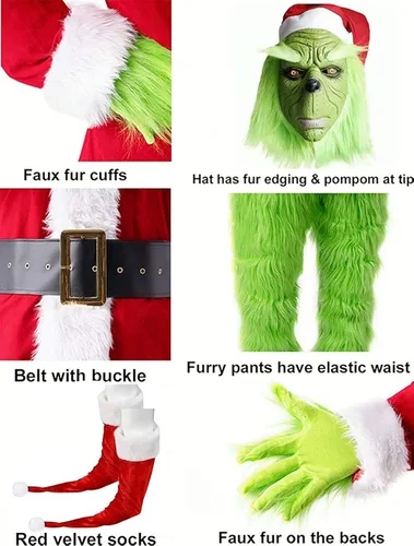 Vista 5 de Disfraz de monstruo verde de Navidad, 7 piezas, traje de Papá Noel para adultos, traje de lujo peludo para adultos, traje de Papá Noel verde