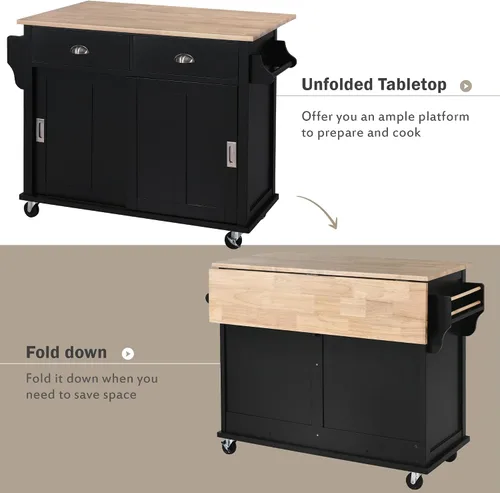 Vista 3 de Olela Carrito de isla de cocina con hojas colgantes de madera, mesa de cocina rodante con armario de almacenamiento y toallero, estante ajustable
