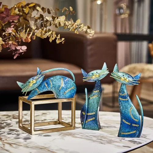 Vista 2 de Aayla Estatuas de gato – Juego de 3 pequeñas figuras azules de gatos acuáticos, adorable regalo para los amantes de los gatos, decoración