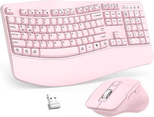 Vista 12 de Combo de teclado y mouse inalámbricos, teclado ergonómico de tamaño completo 2.4G con diseño de teclas onduladas y reposamuñecas, mouse ergonómico