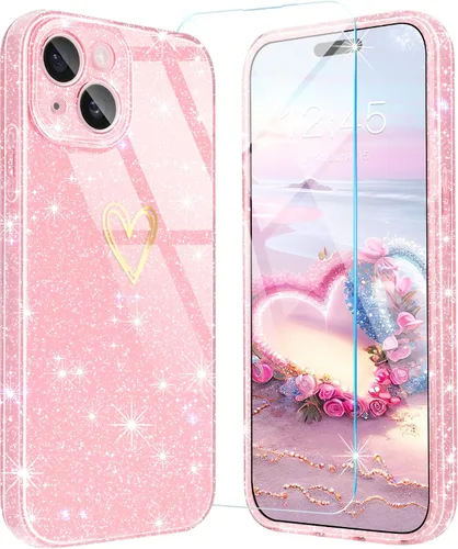 Vista 11 de Funda para iPhone 15, purpurina transparente con [1 protector de pantalla de vidrio templado] Funda protectora delgada y suave de silicona