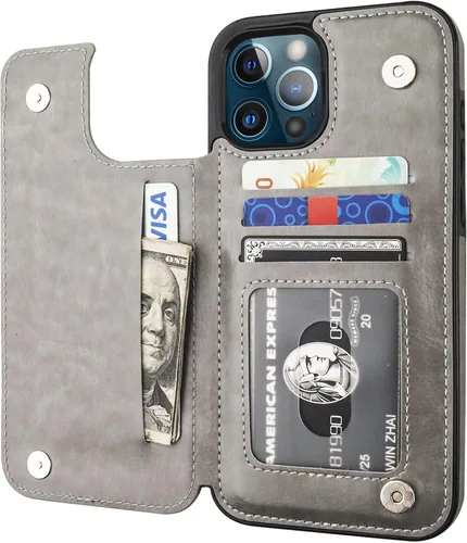 Vista 9 de ONETOP - Funda tipo cartera compatible con iPhone 12 Pro Max con tarjetero, piel sintética, ranuras para tarjetas, doble cierre magnético y funda