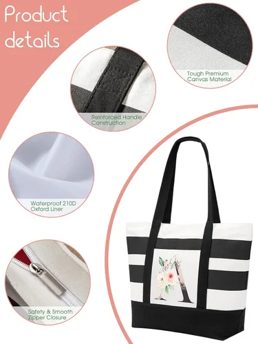 Vista 5 de PARBEE Bolso tote de lona con iniciales, diseño de rayas y flores, con cremallera superior, bolsas de playa grandes con monograma de regalo