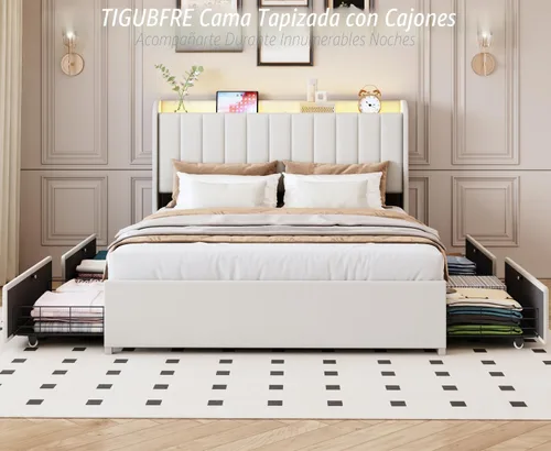 Vista 9 de Base de cama tamaño matrimonial con 4 cajones y cabecera de almacenamiento, base de cama tapizada con luces LED y práctica estación de carga,