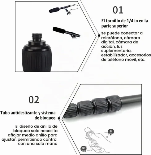 Vista 3 de Poste de brazo de micrófono de mano, brazo de micrófono extensible de 4 5 secciones con mango de espuma y hilos de 1/4 pulgadas, soporte