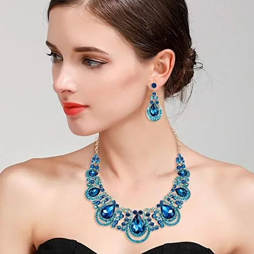 Vista 2 de BriLove Conjunto de collar y aretes con forma de lágrima de cristal para mujer