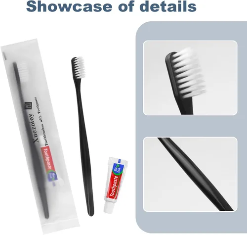 Vista 7 de Cepillos de dientes desechables con pasta de dientes, 30 unidades, color negro Kit de cepillo de dientes de viaje desechable envuelto