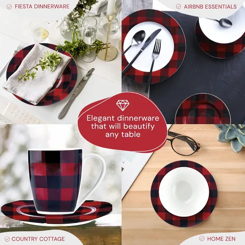 Vista 3 de Safdie & Co. - Juego de vajilla de 16 piezas, color rojo y negro, de porcelana, incluye cuencos, platos y tazas, apto para lavavajillas