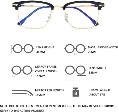 Vista 4 de FROBON Gafas de media montura para miope, lentes retro de metal para hombres y mujeres (color negro y dorado, tamaño -2.0X)