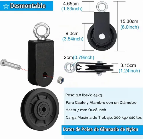 Vista 3 de SERTT Sistema de polea de gimnasio, rueda de polea giratoria de fitness con mosquetón de correa para colgar, bloque de polea giratorio para 1 unidad.