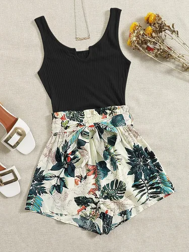 Vista 5 de Floerns Mameluco de verano para mujer, estampado tropical, sin mangas, cuello con muescas, cintura alta