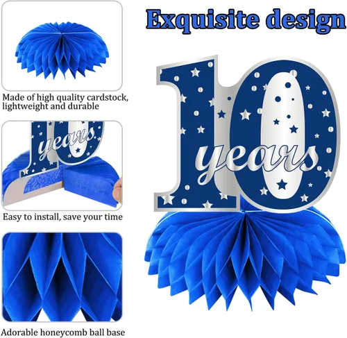 Vista 5 de 8 centros de mesa de panal azul plateado para décimo cumpleaños de niños, suministros de fiesta de cumpleaños para decoración de mesa, decoración
