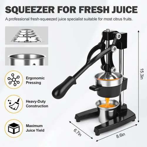 Vista 5 de Exprimidor manual de hierro fundido con cono de acero inoxidable, exprimidor de limón resistente para un máximo rendimiento de jugo y limpieza sin