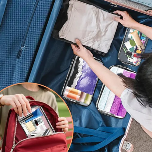 Vista 7 de Bolsa de maquillaje transparente AURUZA, bolsas de aseo portátiles para viajes con cremallera, bolsas organizadoras transparentes aprobadas por