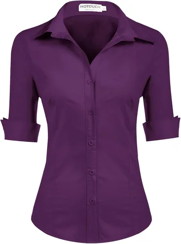 Vista 11 de HOTOUCH Camisa de manga 3/4 con botones para mujer, blusas de trabajo ajustadas, camisas de vestir de algodón, camisas de oficina