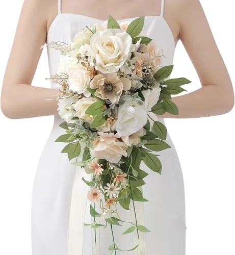 Vista 13 de Serwalin Ramos de boda de 9.8 pulgadas para novia y dama de honor, peonías rosa empolvado, ramos de flores de novia para boda, ramo de lanzamiento