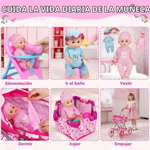 Vista 4 de DRAMATION Juego de cochecito de bebé, muñeca de 11 pulgadas con corralito y A-pink
