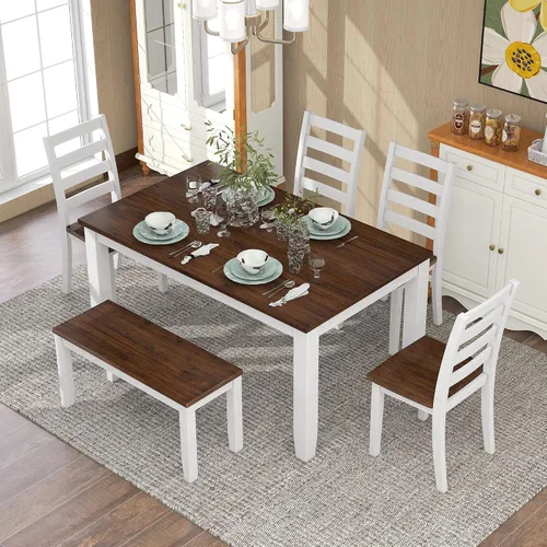 Vista 95 de Juego de mesa de comedor vintage de 6 piezas, juego de mesa de comedor de cocina de madera maciza con 4 sillas ergonómicas acolchadas y banco, mesa