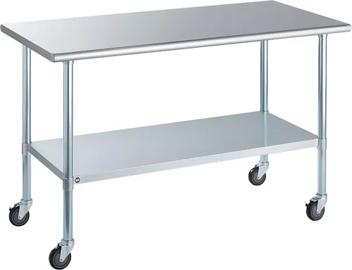 Vista 22 de ROCKPOINT Mesa de acero inoxidable para preparación y trabajo, 14x24 pulgadas; mesa de cocina comercial de metal NSF resistente con estante inferior