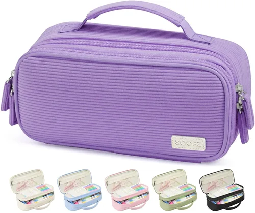 Vista 9 de Sooez Estuche grande para lápices, estuche de pana suave con asa, bonito estuche para bolígrafos, 5 compartimentos, organizador de amplia apertura
