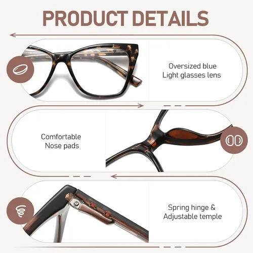 Vista 4 de Gafas de lectura de gran tamaño para mujer, estilo ojo de gato, luz azul, lector de computadora, diseñador, moda, bisagra, gafas PT2005
