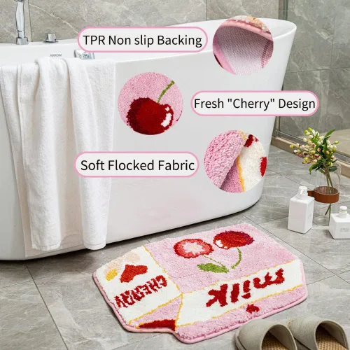 Vista 4 de Tapete de baño de frutas y cereza para baño, bonito tapete de baño rosa antideslizante, tapete de baño de frutas con dibujos animados de leche