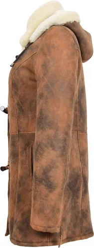 Vista 4 de Abrigo de piel de oveja auténtica para mujer 34 largo con capucha Cognac Shearling chaqueta armas