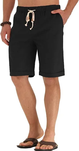 Vista 21 de Sailwind Pantalones cortos de lino para hombre, pantalones cortos casuales de playa con cordón