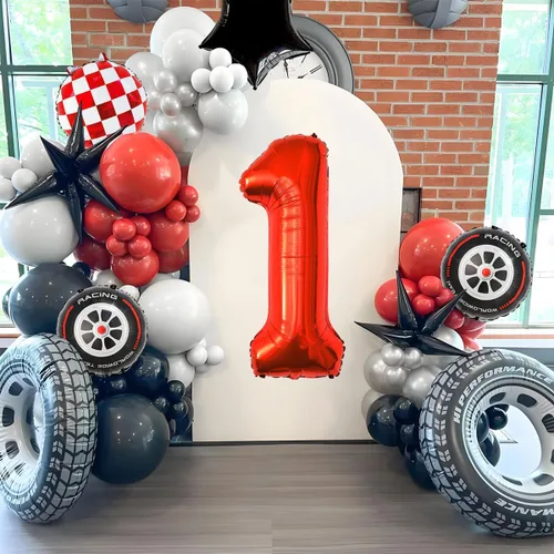 Vista 2 de Globos de auto de carreras para decoración de cumpleaños – Globos rojos de Mylar número 1 de 40 pulgadas – Globos rojos de aluminio rojo