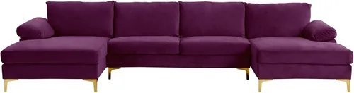 Vista 38 de Sofá modular moderno en forma de L, con diván extra ancho y patas doradas Gris