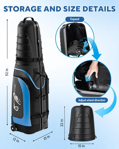 Vista 6 de M KARMATER Bolsa de viaje de golf para aerolíneas con ruedas, funda rígida plegable con parte superior de ABS y Oxford resistente 1680D, protección