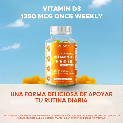 Vista 6 de Vitamina D3 Vitamática 50,000 UI, 60 gomitas naturales de sabor a naranja