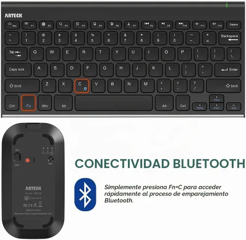 Vista 4 de Arteck Combo de teclado y mouse Bluetooth ultra compacto, delgado de acero inoxidable, tamaño completo y ratones ergonómicos