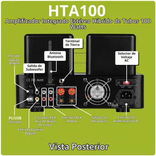 Vista 3 de Dayton Audio HTA100 Amplificador Estéreo Híbrido de Tubo Integrado 100 Vatios
