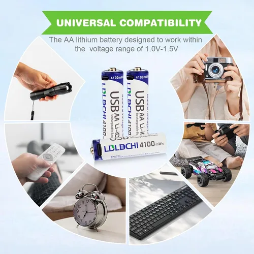 Vista 6 de Baterías de litio AA recargables de 4100 mWh, paquete de 4 baterías dobles A de 1.5 V con cable de carga USB-C, 1200 ciclos de larga duración