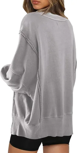 Vista 3 de Panadila Sudadera de gran tamaño con cuello redondo para mujer, con aberturas laterales, casual, manga larga, ajuste holgado