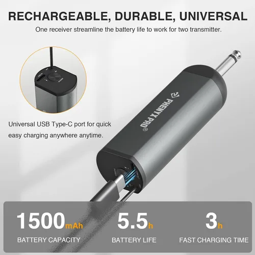 Vista 5 de Phenyx Pro Sistema de micrófono inalámbrico digital dual, con 2 micrófonos dinámicos de mano, 15 grupos de frecuencia UHF, mini receptor, micrófono