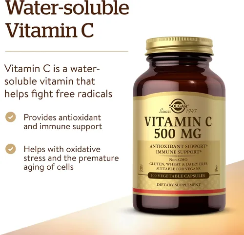 Vista 3 de Solgar - 100 Cápsulas vegetales de vitamina C de 500 mg, antioxidante y apoyo inmunológico para la salud general, apoya la salud de la piel