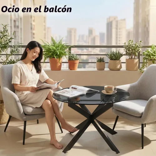 Vista 6 de Mesas de centro de cristal redondas y negras para sala de estar, oficina en casa, mesa central moderna y simple con parte superior de vidrio